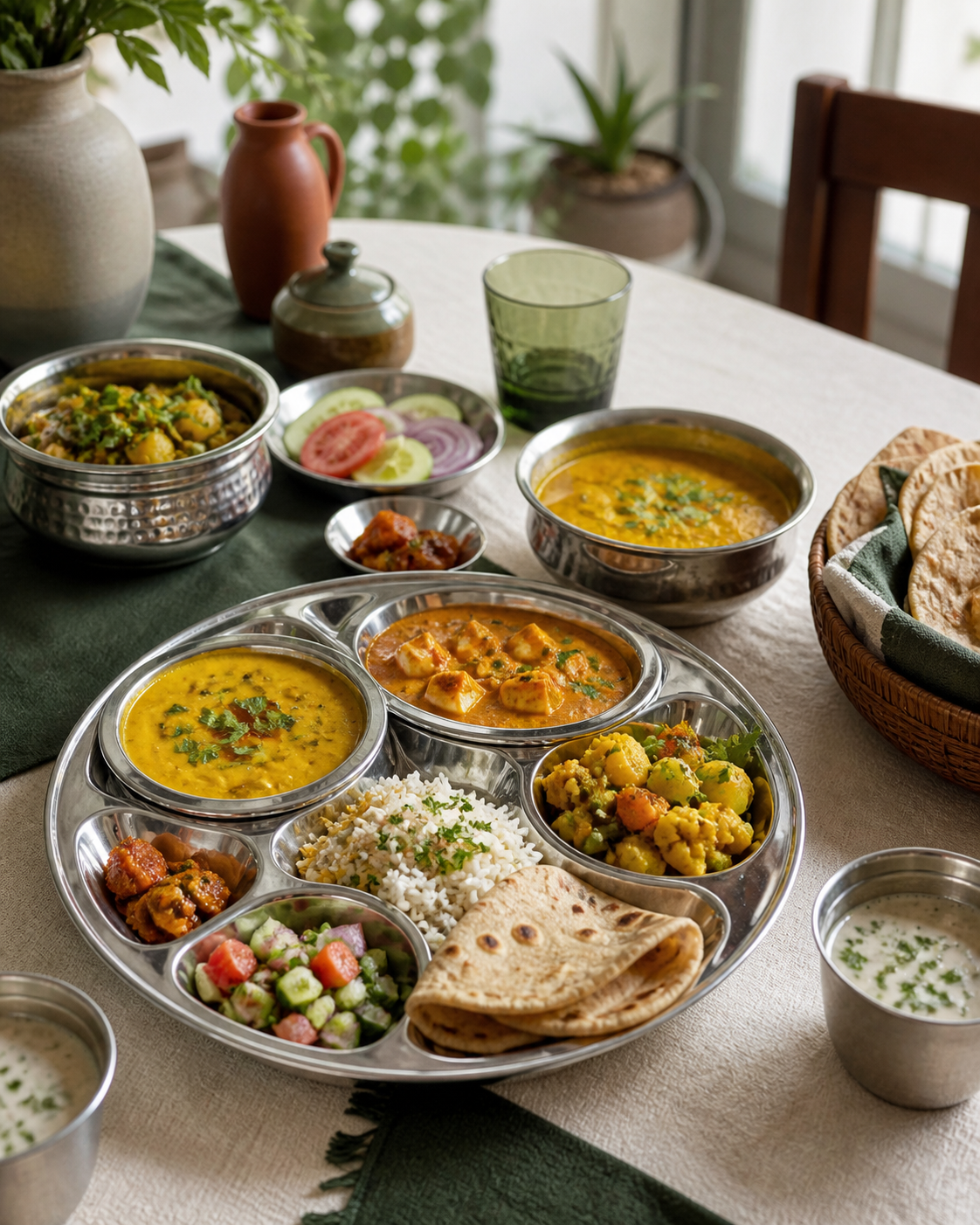 Homemade Gujarati and Punjabi vegetarian family thali