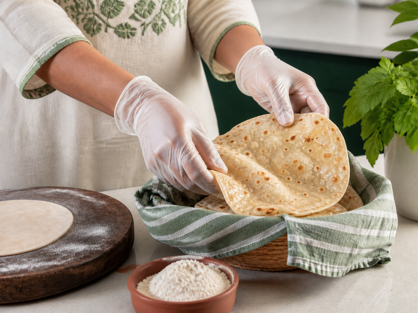 Fresh roti prepared with clean food-safe gloves