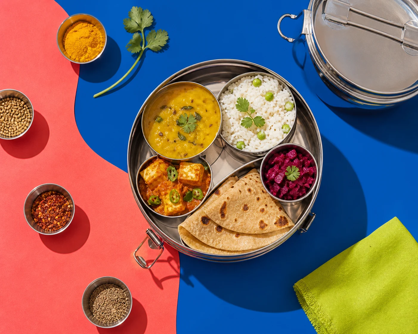 Colourful Gujarati and Punjabi tiffin