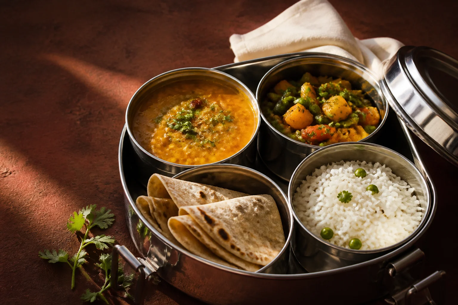 Homemade vegetarian steel tiffin
